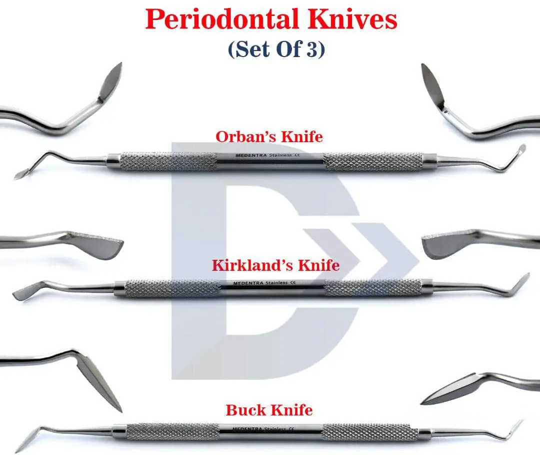 Medentra stainless steel periodontal knives,  Orban's, Kirkland's, and Buck knives